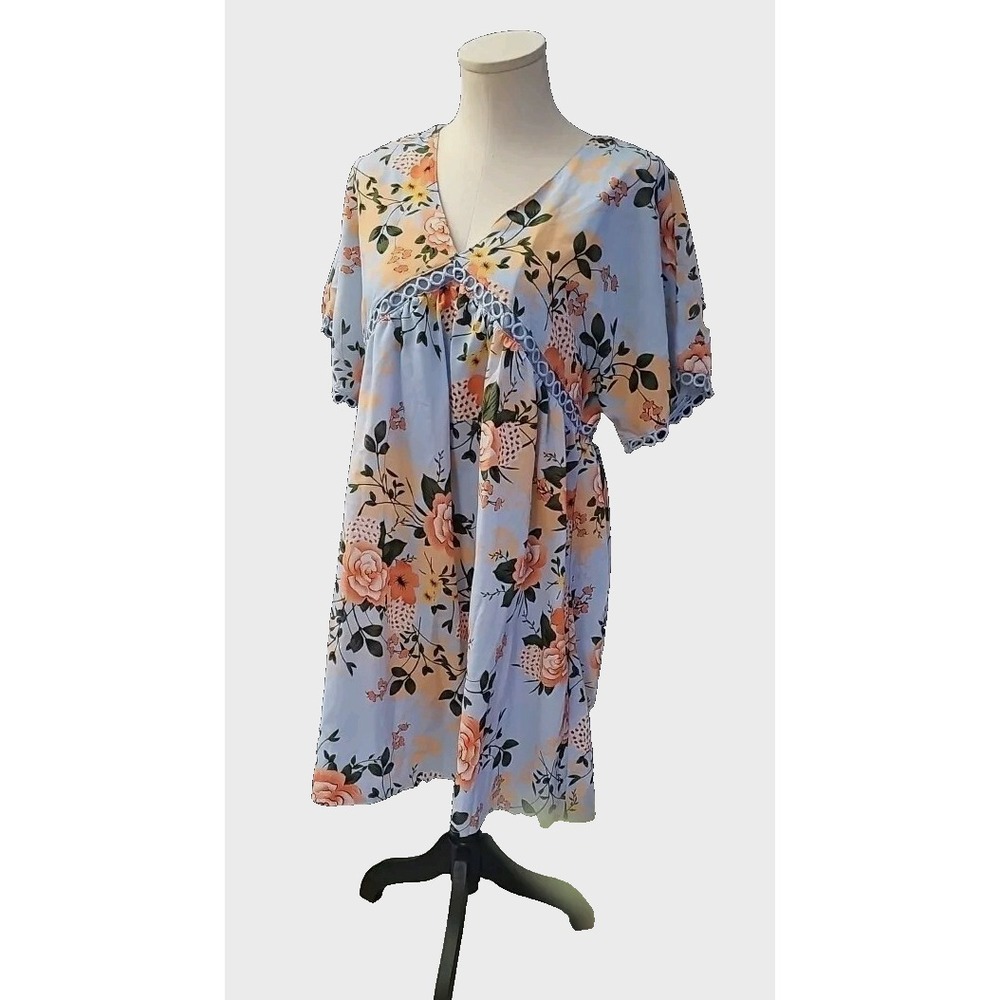 UMGEE Womens Dress Medium Floral Blue‎ Eyelets Loose Flowy Boho Hippie Retro 29i